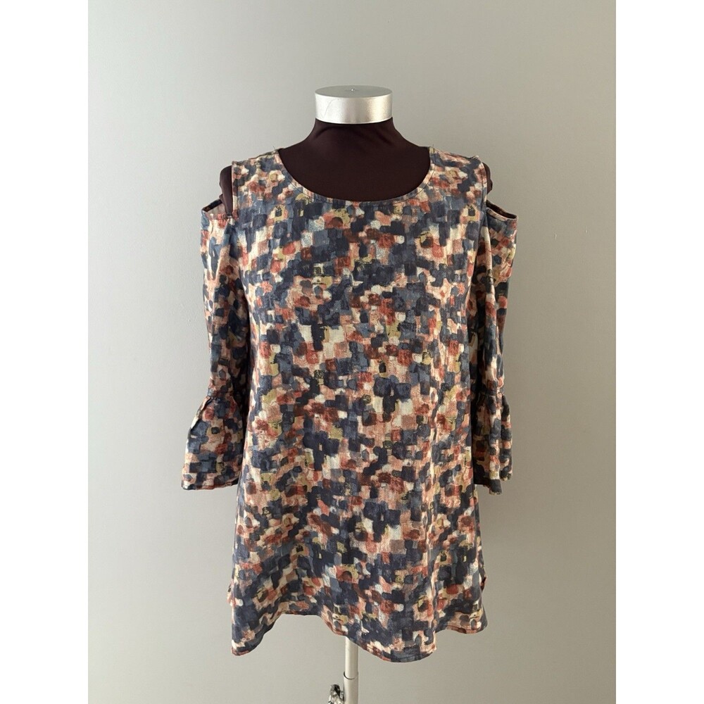 John Mark Linen Tunic Top Size S Blue Brown Bell Sleeve Oversize Lagenlook Fall